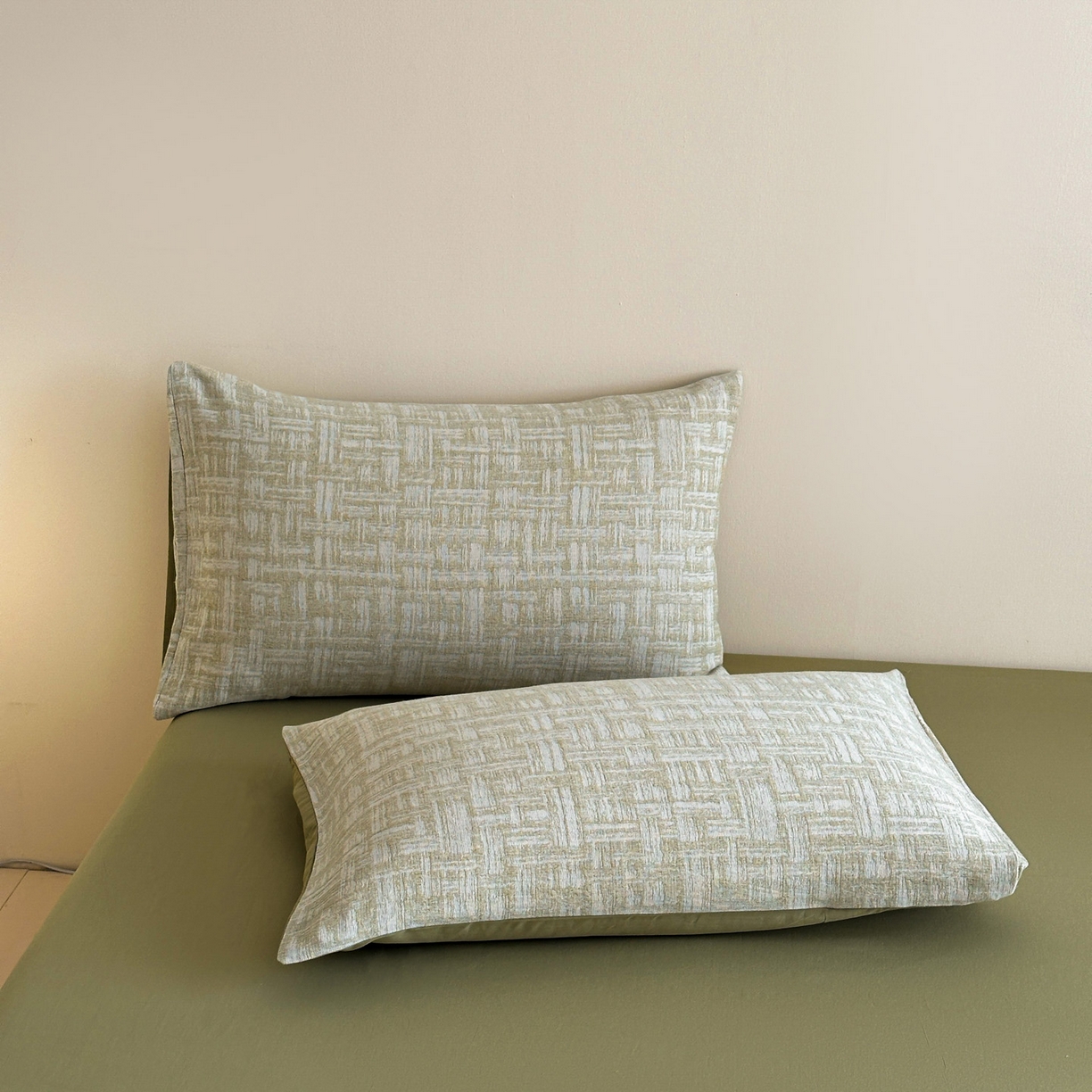 91家纺网 家纺一手货源 找家纺 慕尚家纺 2025新款全棉提花皱皱纱四件套 格纹-草绿