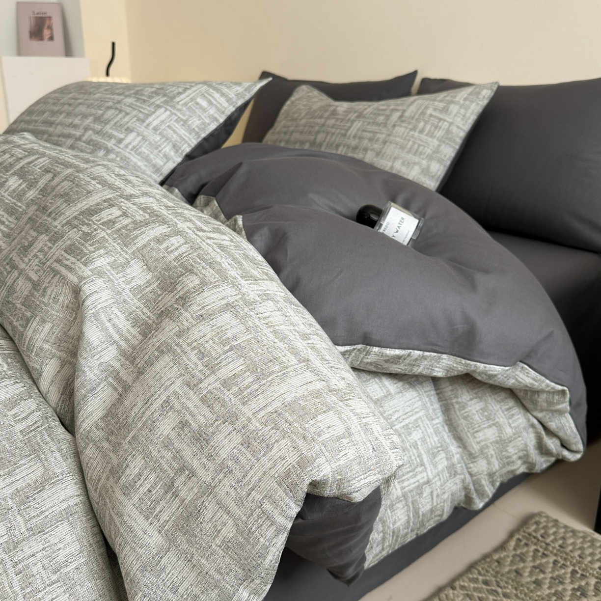 慕尚家纺 2025新款全棉提花皱皱纱四件套 格纹-灰