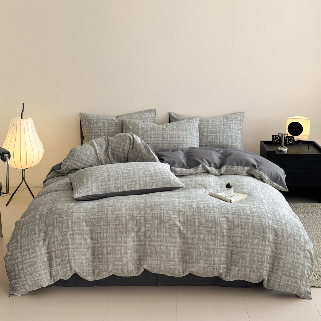 91家纺网 家纺一手货源 找家纺 慕尚家纺 2025新款全棉提花皱皱纱四件套 格纹-灰