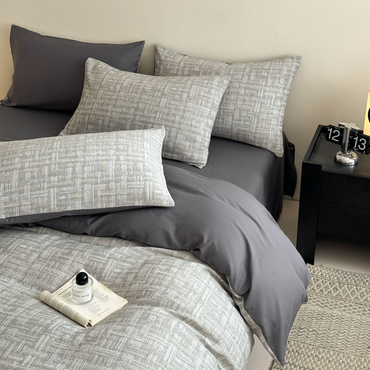 91家纺网 家纺一手货源 找家纺 慕尚家纺 2025新款全棉提花皱皱纱四件套 格纹-灰