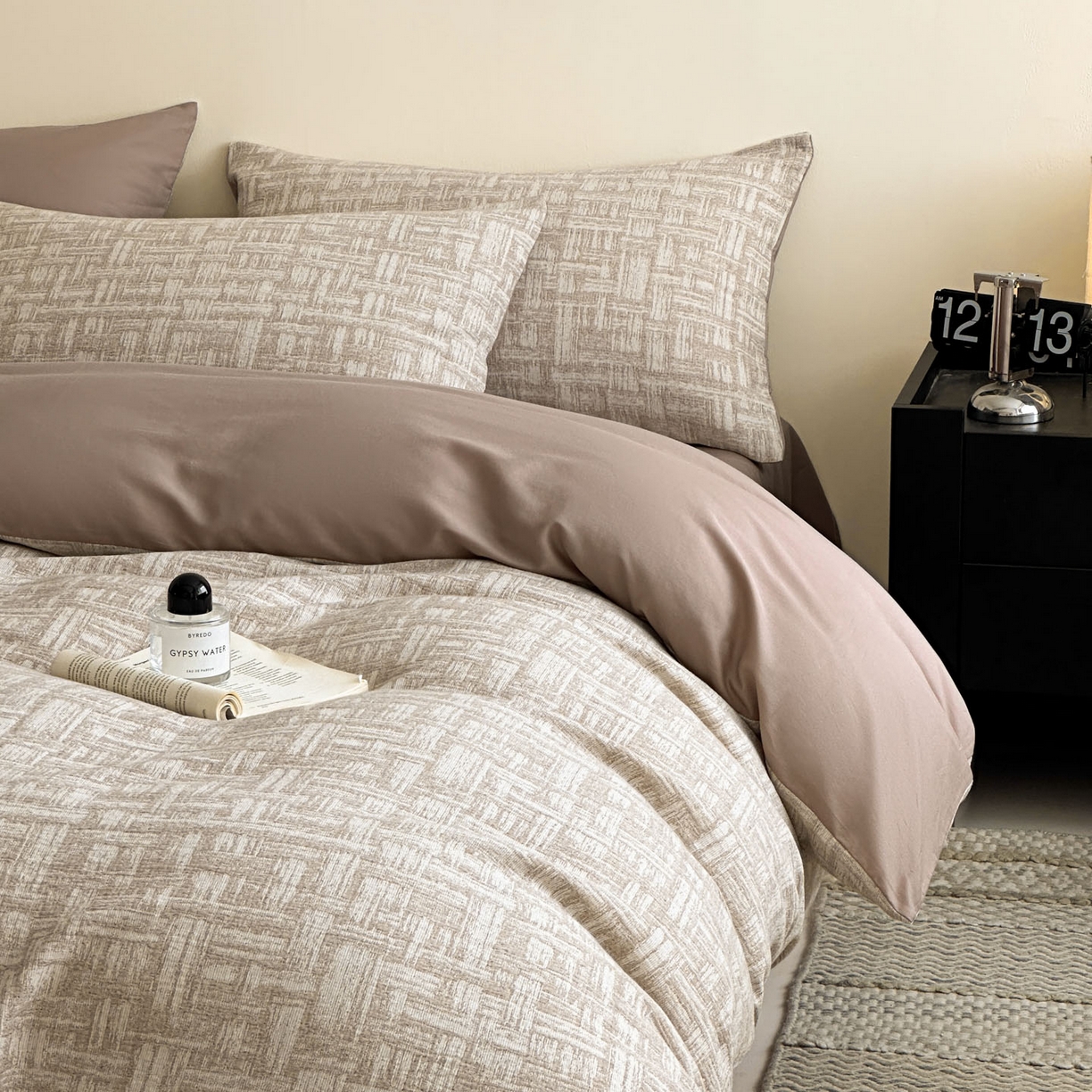 91家纺网 家纺一手货源 找家纺 慕尚家纺 2025新款全棉提花皱皱纱四件套 格纹-卡其