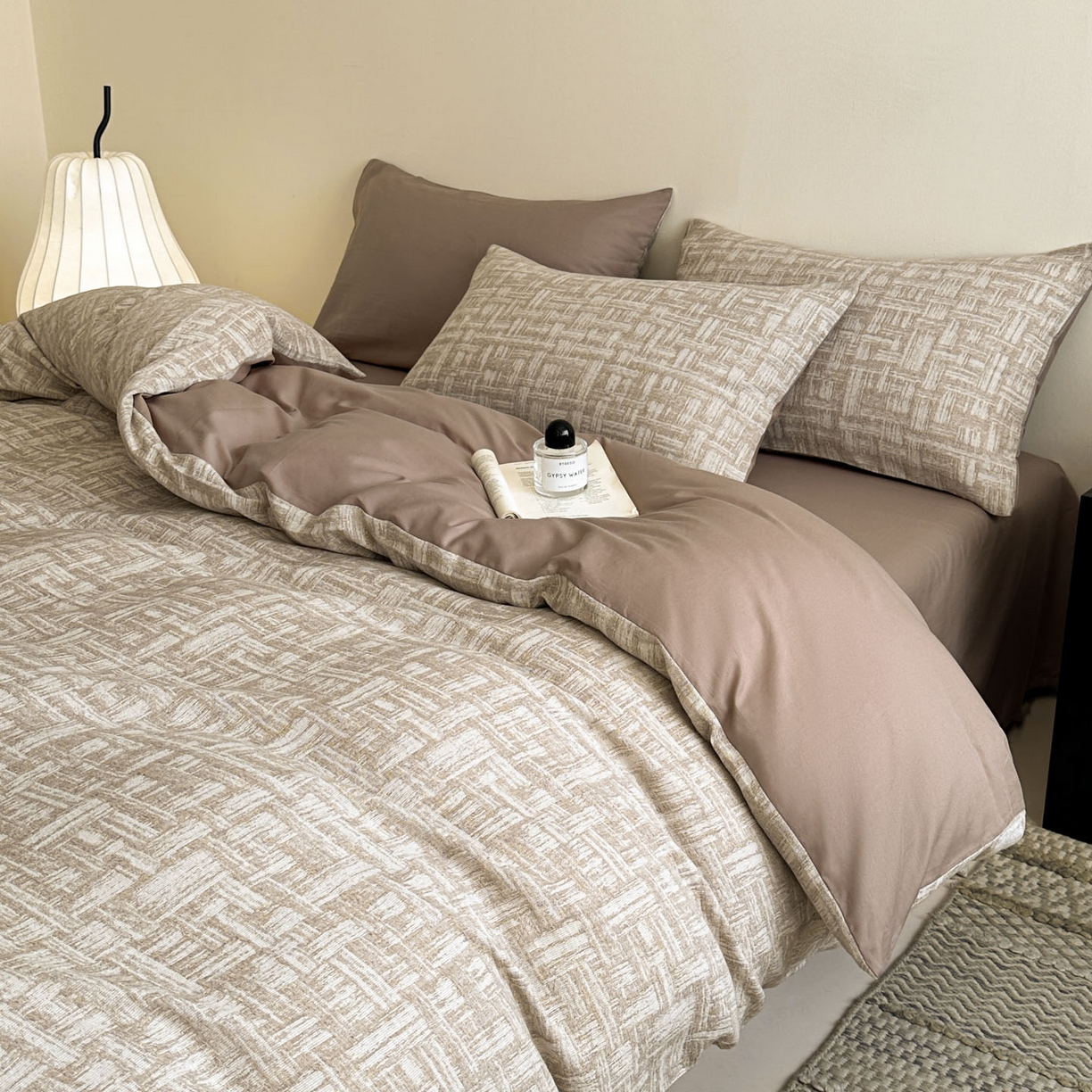 91家纺网 家纺一手货源 找家纺 慕尚家纺 2025新款全棉提花皱皱纱四件套 格纹-卡其