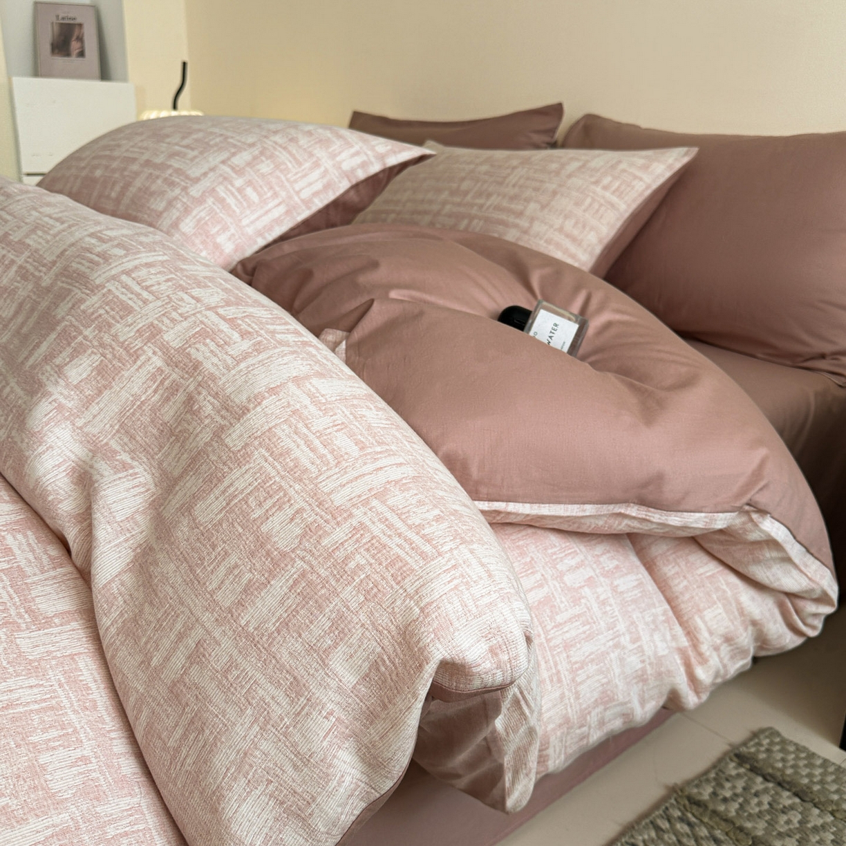 慕尚家纺 2025新款全棉提花皱皱纱四件套 格纹-玫粉