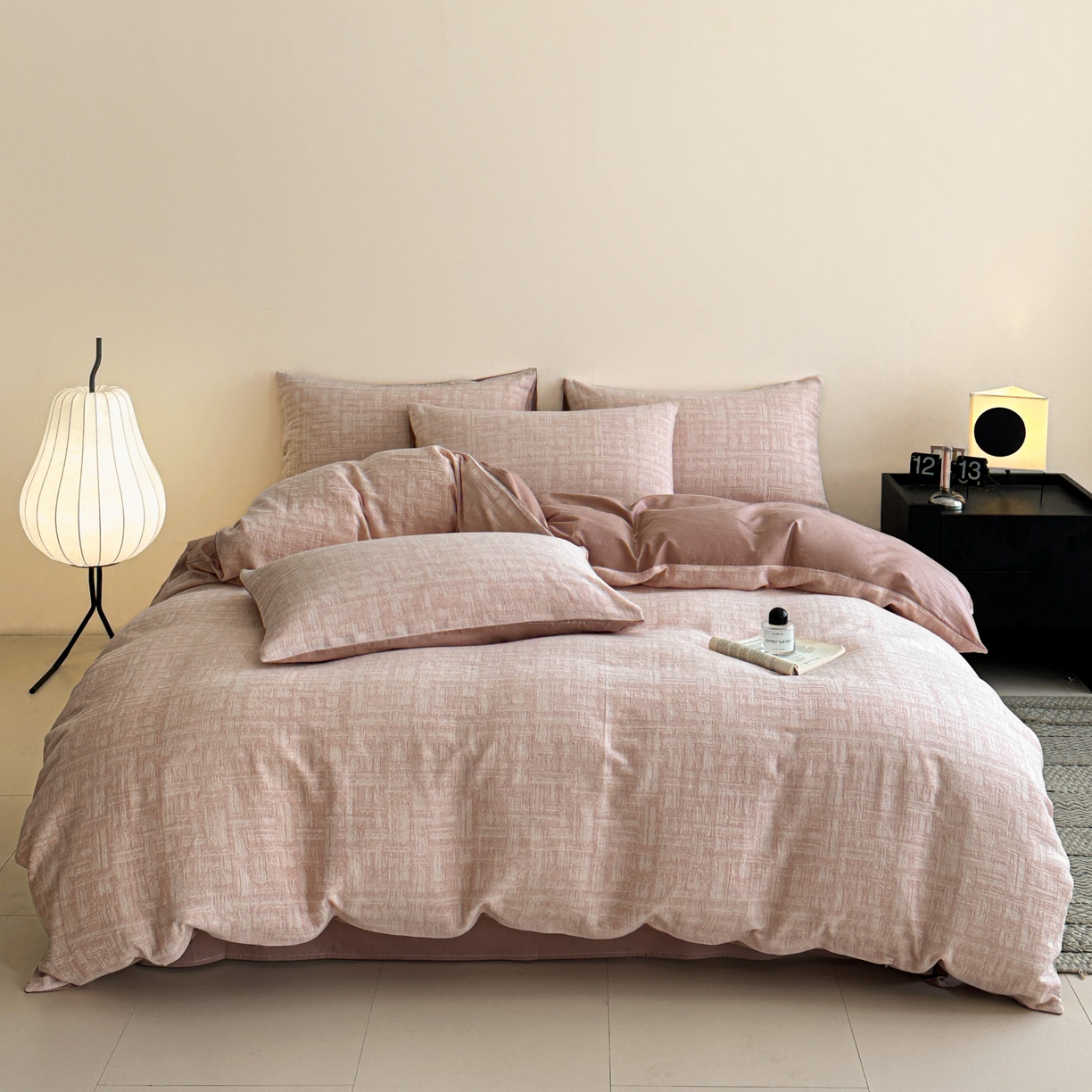 91家纺网 家纺一手货源 找家纺 慕尚家纺 2025新款全棉提花皱皱纱四件套 格纹-玫粉