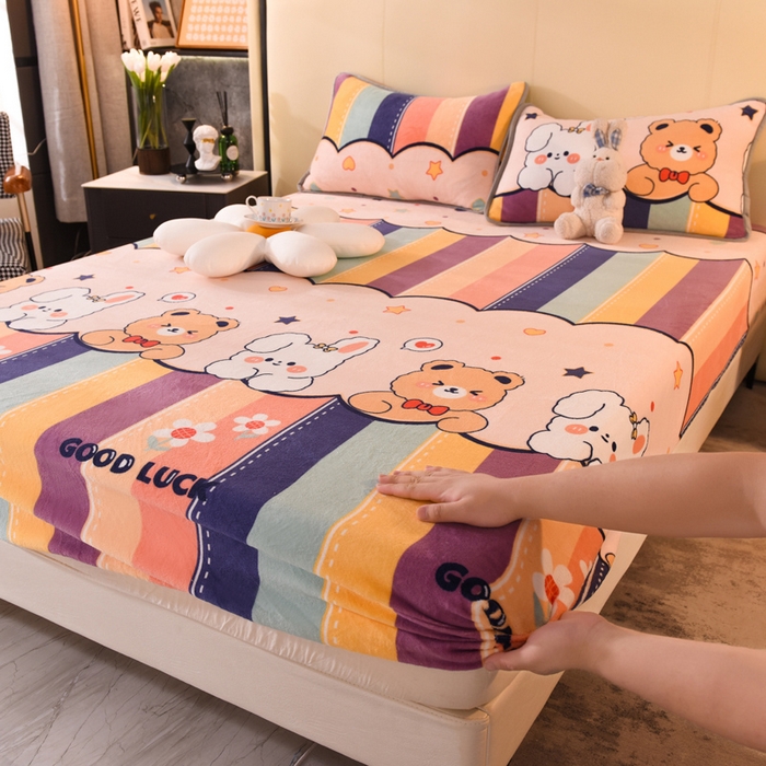 518家纺 2025新款高克重印花牛奶绒单床笠可定制 七彩花园