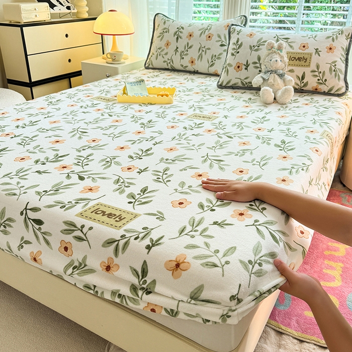 518家纺 2025新款高克重印花牛奶绒单床笠可定制 青柠薄荷