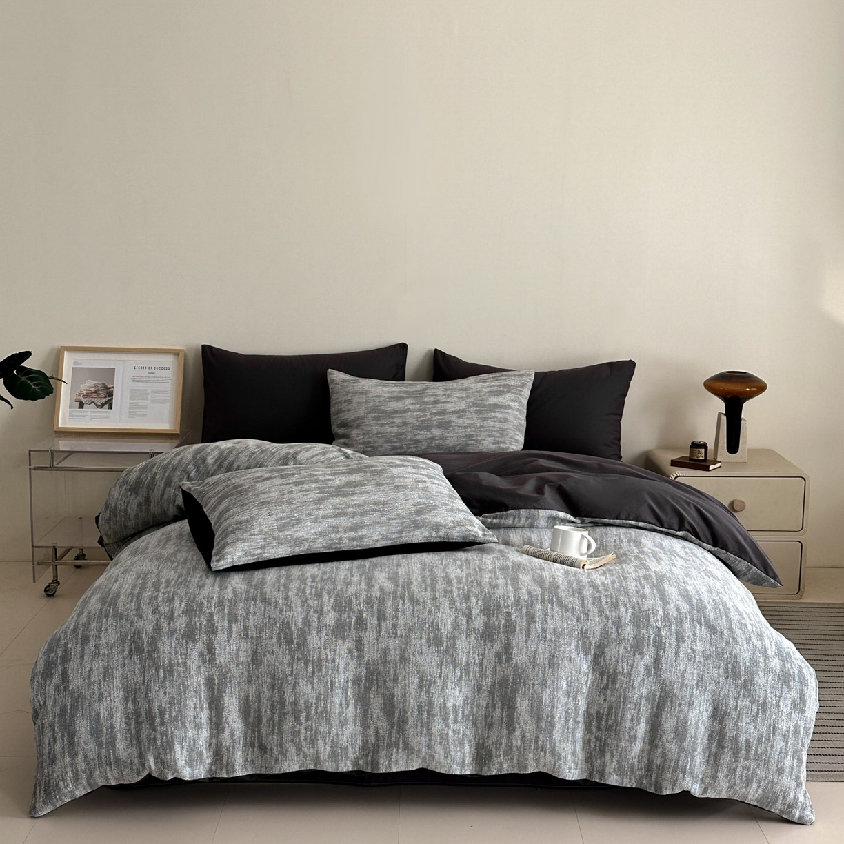 91家纺网 家纺一手货源 找家纺 慕尚家纺 2025新款全棉提花皱皱纱四件套 莫妮-黑灰