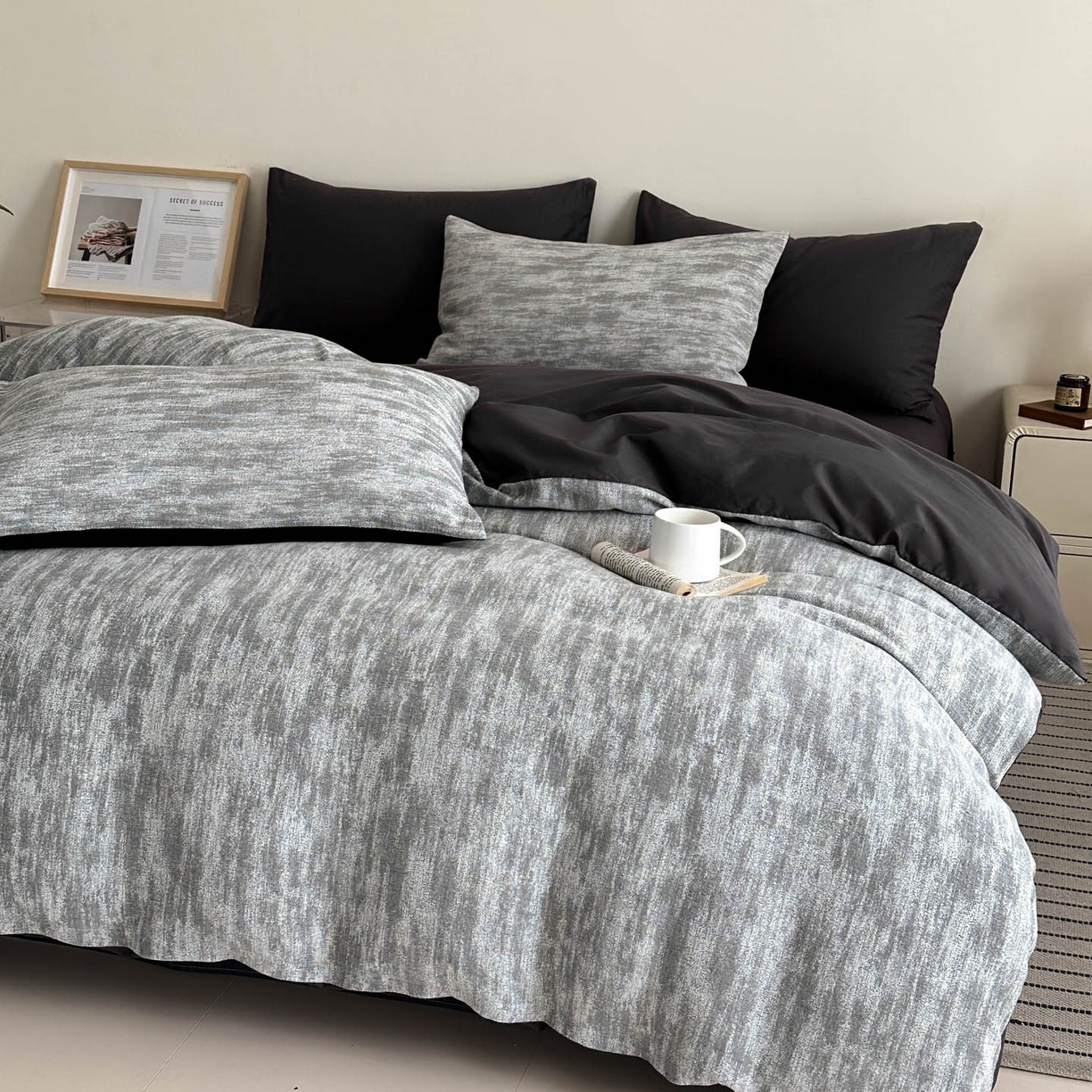 91家纺网 家纺一手货源 找家纺 慕尚家纺 2025新款全棉提花皱皱纱四件套 莫妮-黑灰