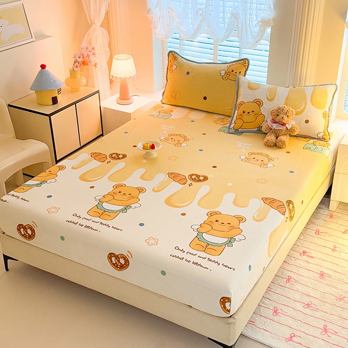 91家纺网 家纺一手货源 找家纺 518家纺 2025新款高克重印花牛奶绒单床笠可定制 芝士熊