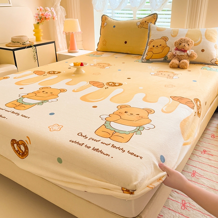 91家纺网 家纺一手货源 找家纺 518家纺 2025新款高克重印花牛奶绒单床笠可定制 芝士熊