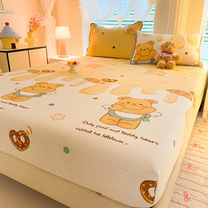 91家纺网 家纺一手货源 找家纺 518家纺 2025新款高克重印花牛奶绒单床笠可定制 芝士熊