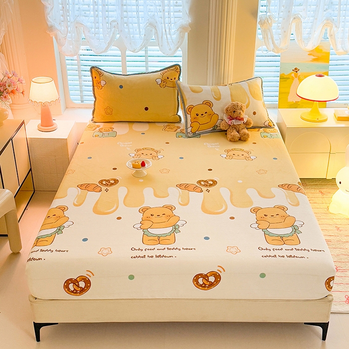 91家纺网 家纺一手货源 找家纺 518家纺 2025新款高克重印花牛奶绒单床笠可定制 芝士熊