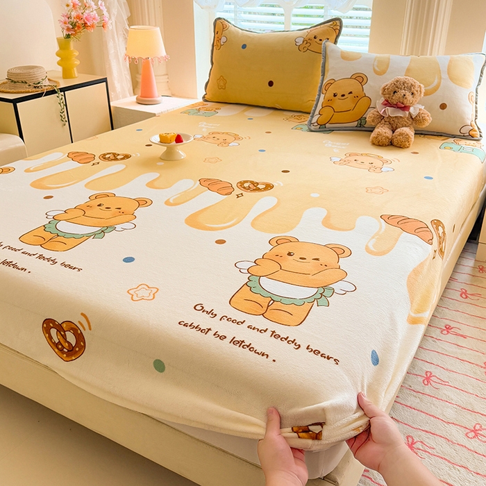 91家纺网 家纺一手货源 找家纺 518家纺 2025新款高克重印花牛奶绒单床笠可定制 芝士熊