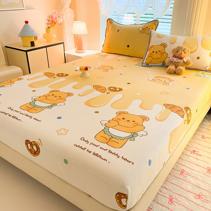 91家纺网 家纺一手货源 找家纺 518家纺 2025新款高克重印花牛奶绒单床笠可定制 芝士熊