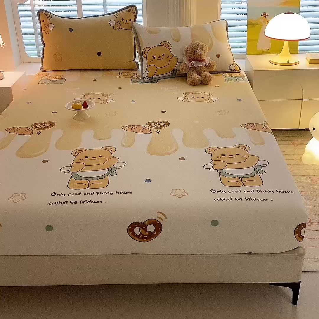 91家纺网 家纺一手货源 找家纺 518家纺 2025新款高克重印花牛奶绒单床笠可定制 芝士熊