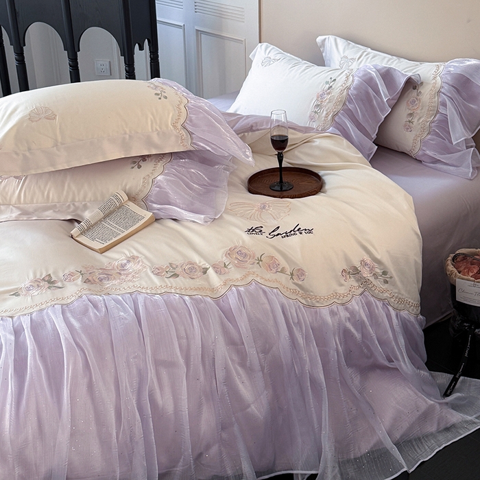 91家纺网 家纺一手货源 找家纺 （总）优悦生活馆 2025新款新疆长绒棉纯棉花边刺绣四件套-花间悟语