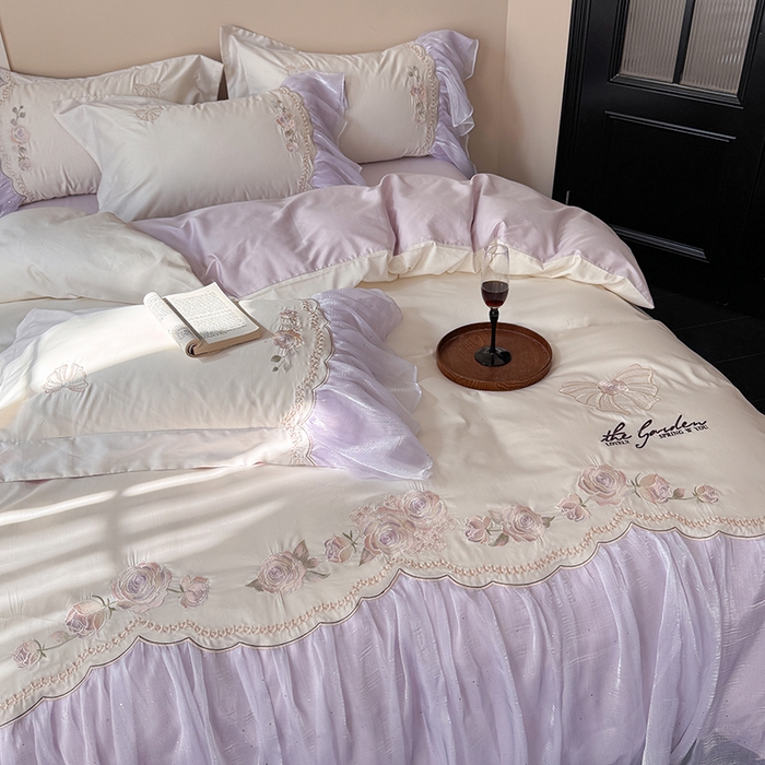 91家纺网 家纺一手货源 找家纺 （总）优悦生活馆 2025新款新疆长绒棉纯棉花边刺绣四件套-花间悟语