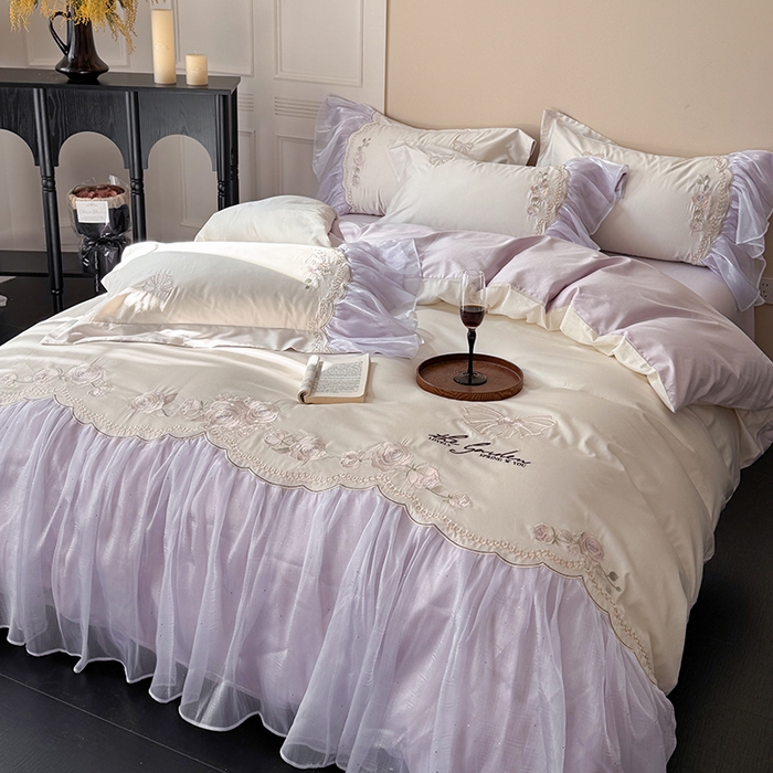 91家纺网 家纺一手货源 找家纺 （总）优悦生活馆 2025新款新疆长绒棉纯棉花边刺绣四件套-花间悟语