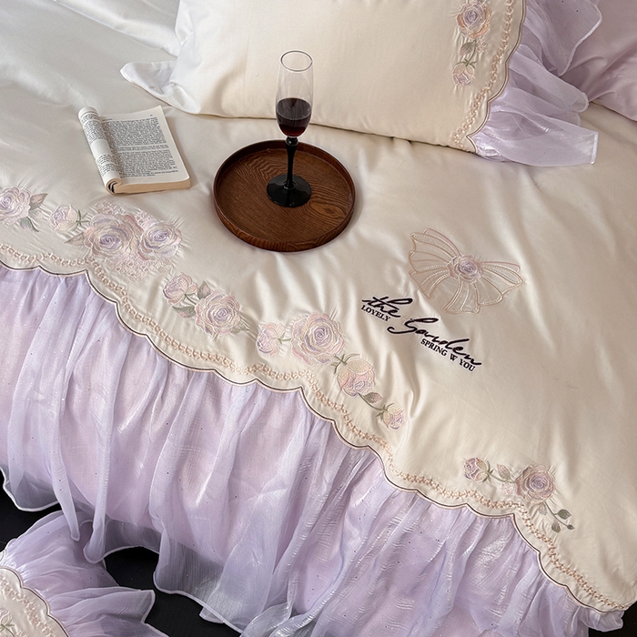 91家纺网 家纺一手货源 找家纺 （总）优悦生活馆 2025新款新疆长绒棉纯棉花边刺绣四件套-花间悟语