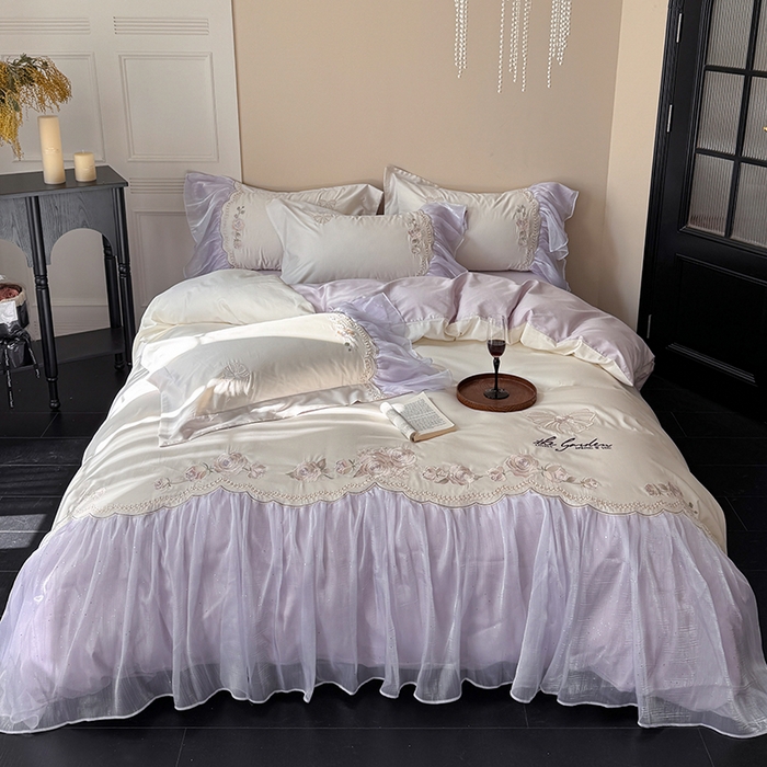 91家纺网 家纺一手货源 找家纺 （总）优悦生活馆 2025新款新疆长绒棉纯棉花边刺绣四件套-花间悟语