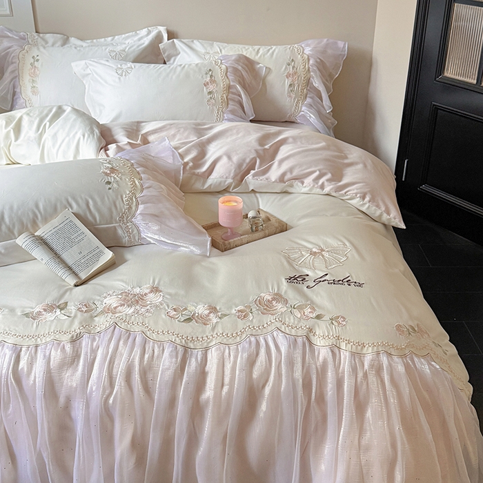 91家纺网 家纺一手货源 找家纺 （总）优悦生活馆 2025新款新疆长绒棉纯棉花边刺绣四件套-花间悟语