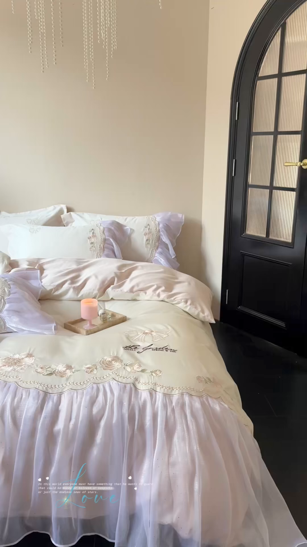 91家纺网 家纺一手货源 找家纺 优悦生活馆 2025新款新疆长绒棉纯棉花边刺绣四件套-花间悟语 花间悟语-清新粉