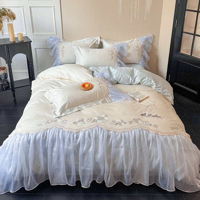 91家纺网 家纺一手货源 找家纺 优悦生活馆 2025新款新疆长绒棉纯棉花边刺绣四件套-花间悟语 花间悟语-海盐蓝