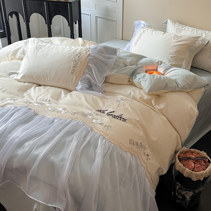 91家纺网 家纺一手货源 找家纺 优悦生活馆 2025新款新疆长绒棉纯棉花边刺绣四件套-花间悟语 花间悟语-海盐蓝