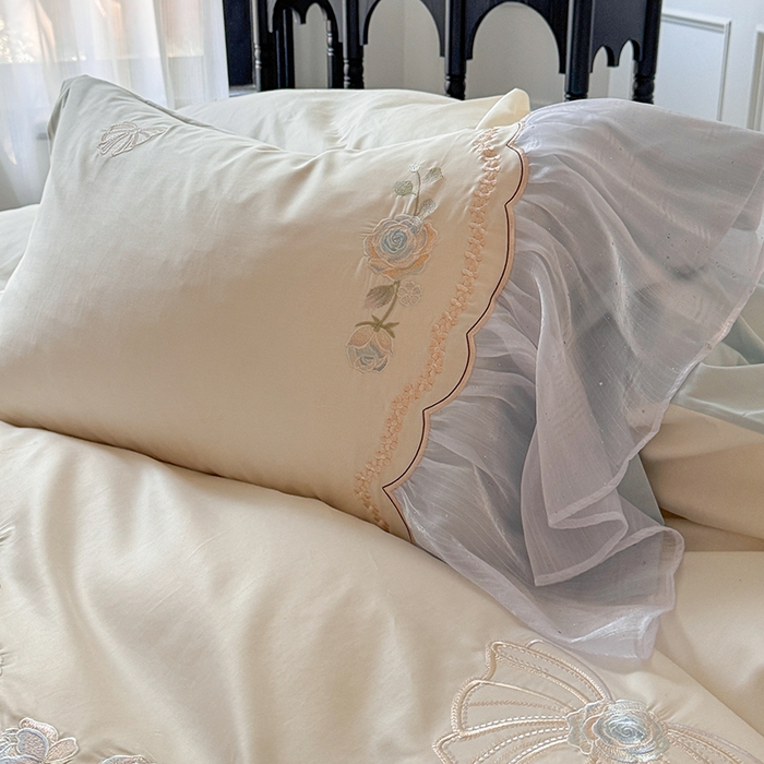 91家纺网 家纺一手货源 找家纺 优悦生活馆 2025新款新疆长绒棉纯棉花边刺绣四件套-花间悟语 花间悟语-海盐蓝