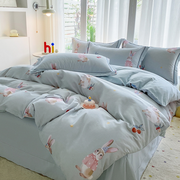 91家纺网 家纺一手货源 找家纺 眷恋家纺 2025新款秋冬超柔全棉精梳棉磨毛三件套四件套 小萌兔-绿（有小号）