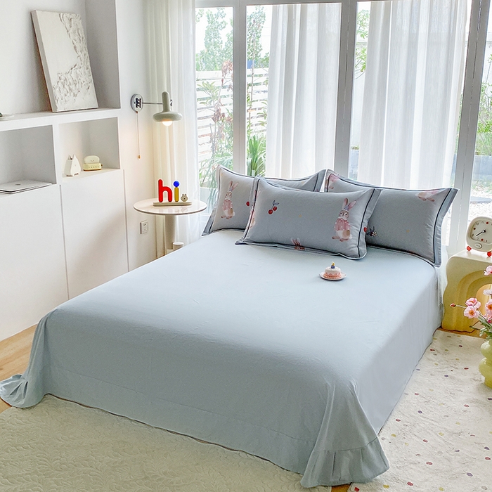 91家纺网 家纺一手货源 找家纺 眷恋家纺 2025新款秋冬超柔全棉精梳棉磨毛三件套四件套 小萌兔-绿（有小号）