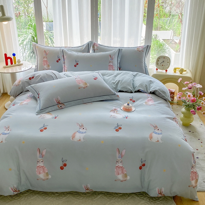 91家纺网 家纺一手货源 找家纺 眷恋家纺 2025新款秋冬超柔全棉精梳棉磨毛三件套四件套 小萌兔-绿（有小号）