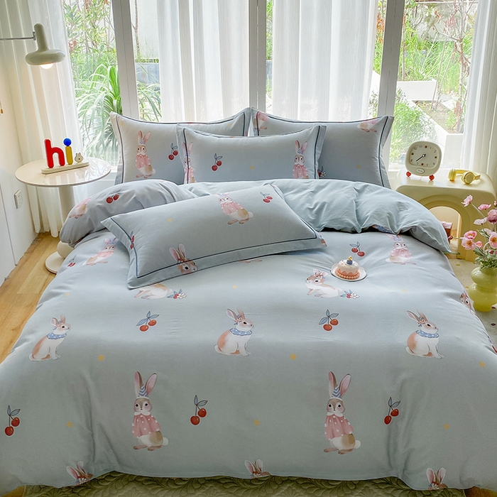 91家纺网 家纺一手货源 找家纺 眷恋家纺 2025新款秋冬超柔全棉精梳棉磨毛三件套四件套 小萌兔-绿（有小号）