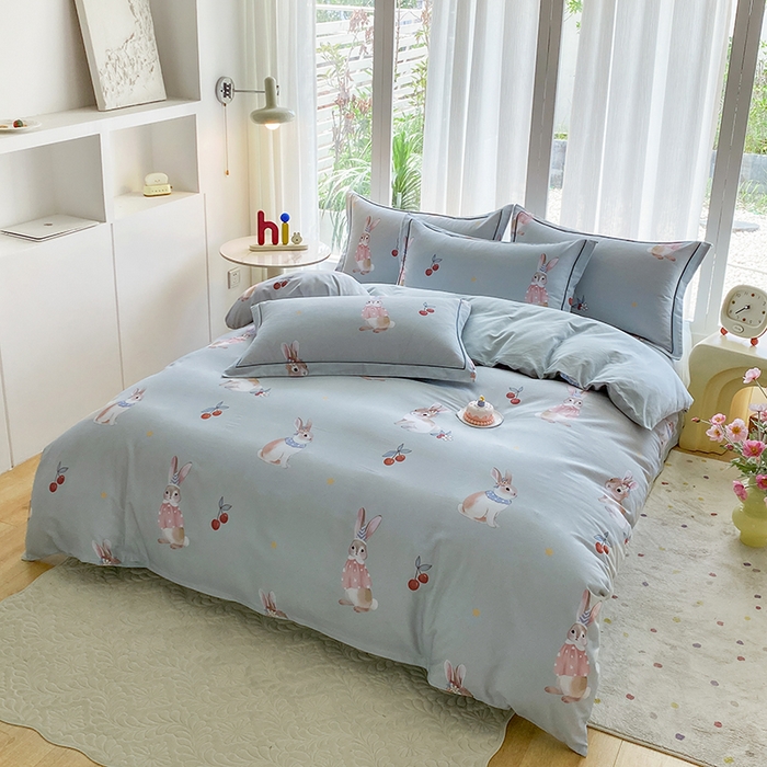 91家纺网 家纺一手货源 找家纺 眷恋家纺 2025新款秋冬超柔全棉精梳棉磨毛三件套四件套 小萌兔-绿（有小号）