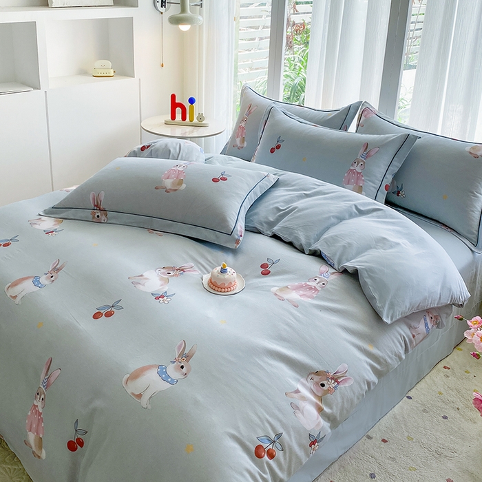 91家纺网 家纺一手货源 找家纺 眷恋家纺 2025新款秋冬超柔全棉精梳棉磨毛三件套四件套 小萌兔-绿（有小号）