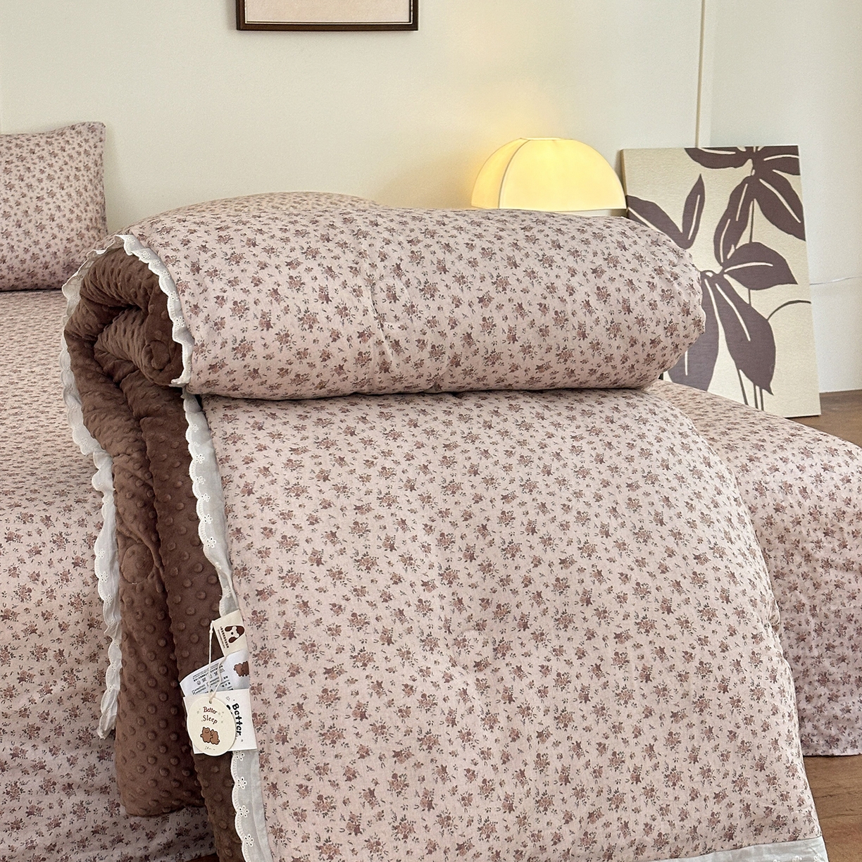 91家纺网 家纺一手货源 找家纺 星期八 2025新款全棉双层纱花边豆豆被四件套 丁香