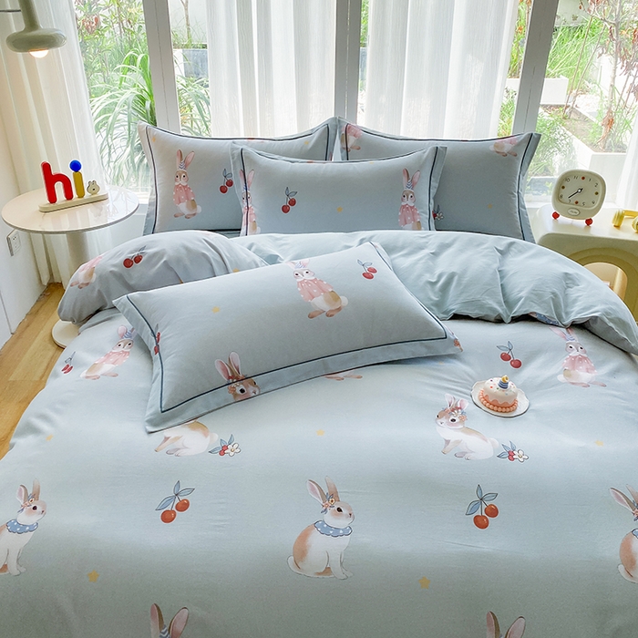 91家纺网 家纺一手货源 找家纺 眷恋家纺 2025新款秋冬超柔全棉精梳棉磨毛三件套四件套 小萌兔-绿（有小号）