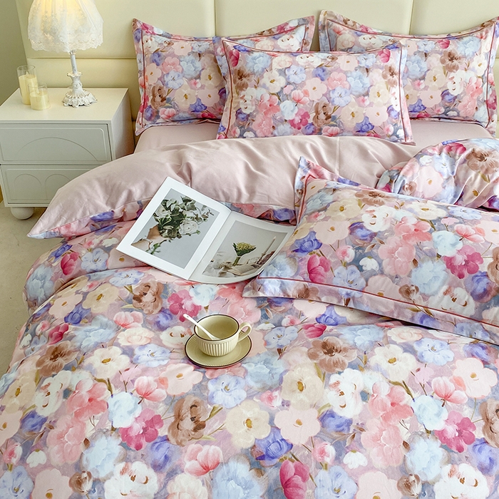 91家纺网 家纺一手货源 找家纺 眷恋家纺 2025新款秋冬超柔全棉精梳棉磨毛三件套四件套 步步微月-粉