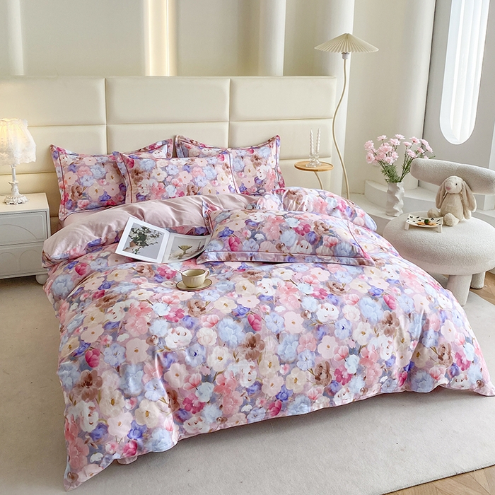 91家纺网 家纺一手货源 找家纺 眷恋家纺 2025新款秋冬超柔全棉精梳棉磨毛三件套四件套 步步微月-粉