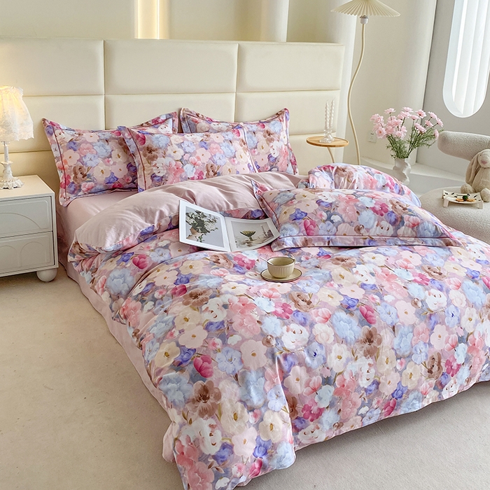 91家纺网 家纺一手货源 找家纺 眷恋家纺 2025新款秋冬超柔全棉精梳棉磨毛三件套四件套 步步微月-粉