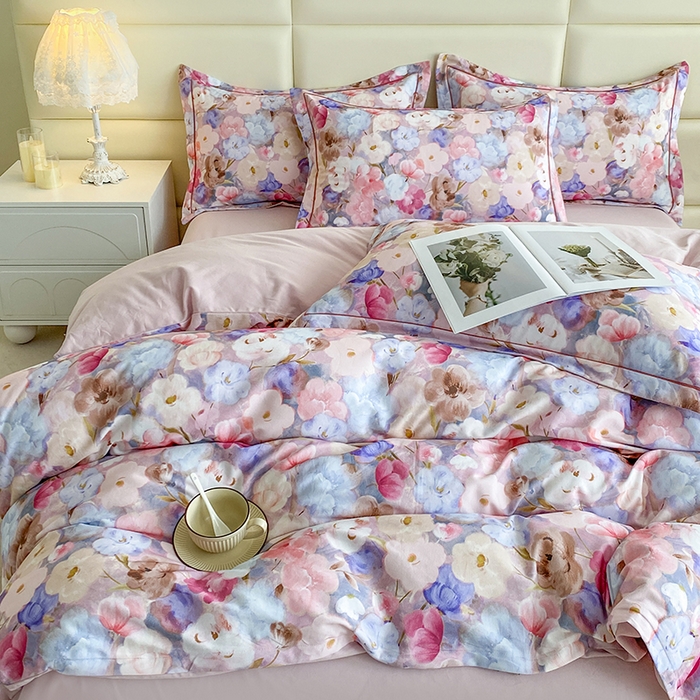 91家纺网 家纺一手货源 找家纺 眷恋家纺 2025新款秋冬超柔全棉精梳棉磨毛三件套四件套 步步微月-粉