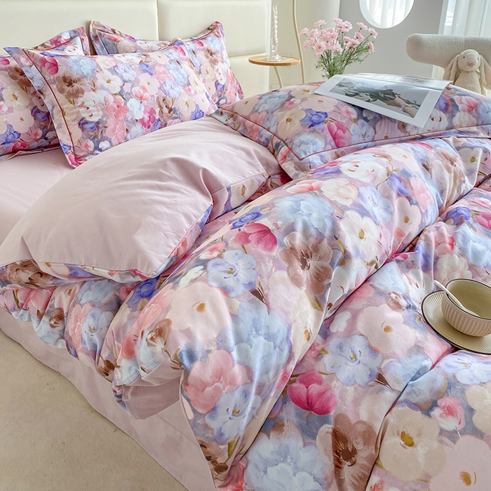 91家纺网 家纺一手货源 找家纺 眷恋家纺 2025新款秋冬超柔全棉精梳棉磨毛三件套四件套 步步微月-粉