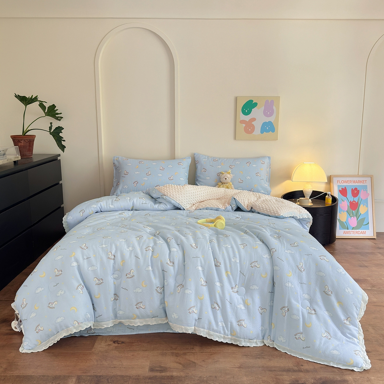 星期八 2025新款全棉双层纱花边豆豆被四件套 木马