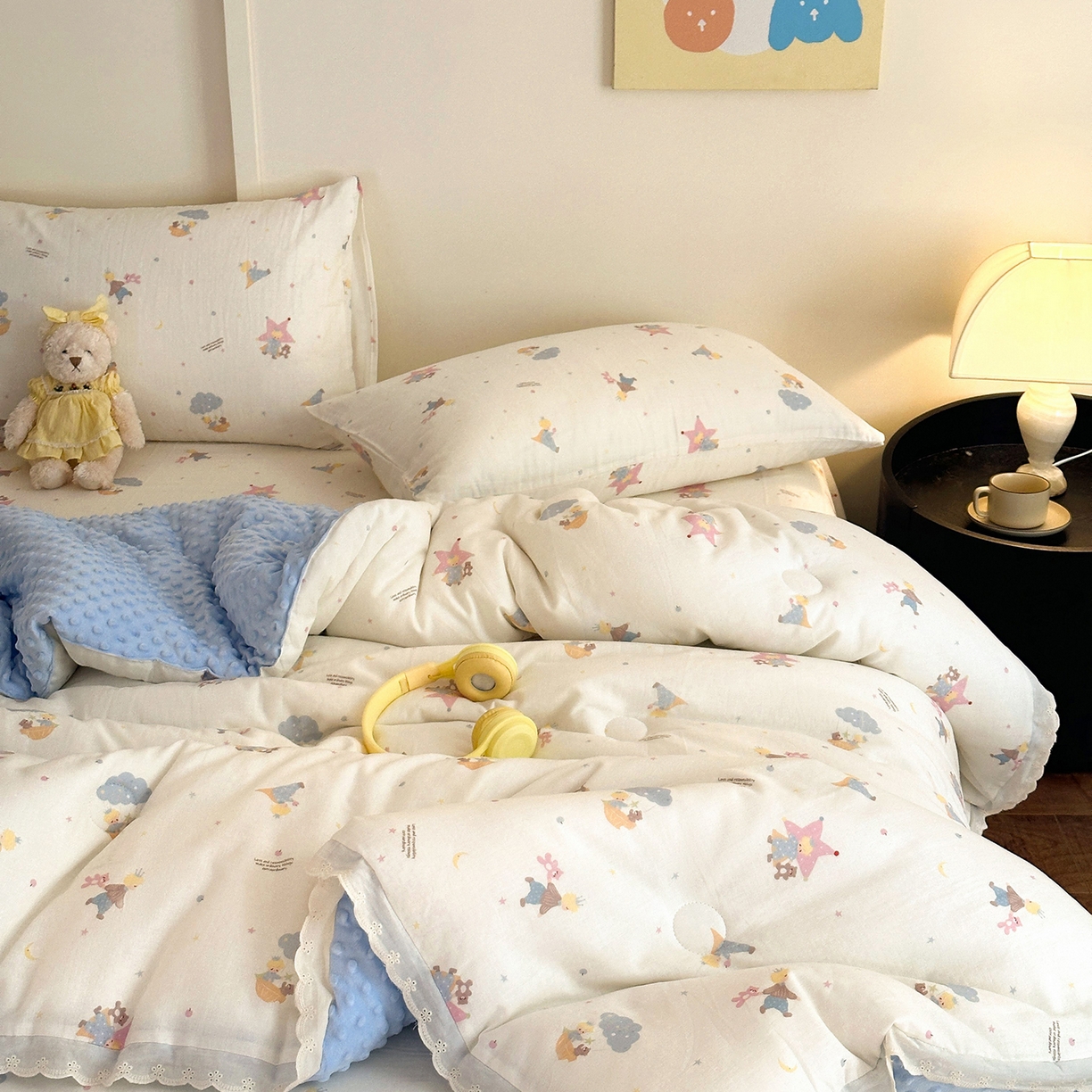 星期八 2025新款全棉双层纱花边豆豆被四件套 小王子