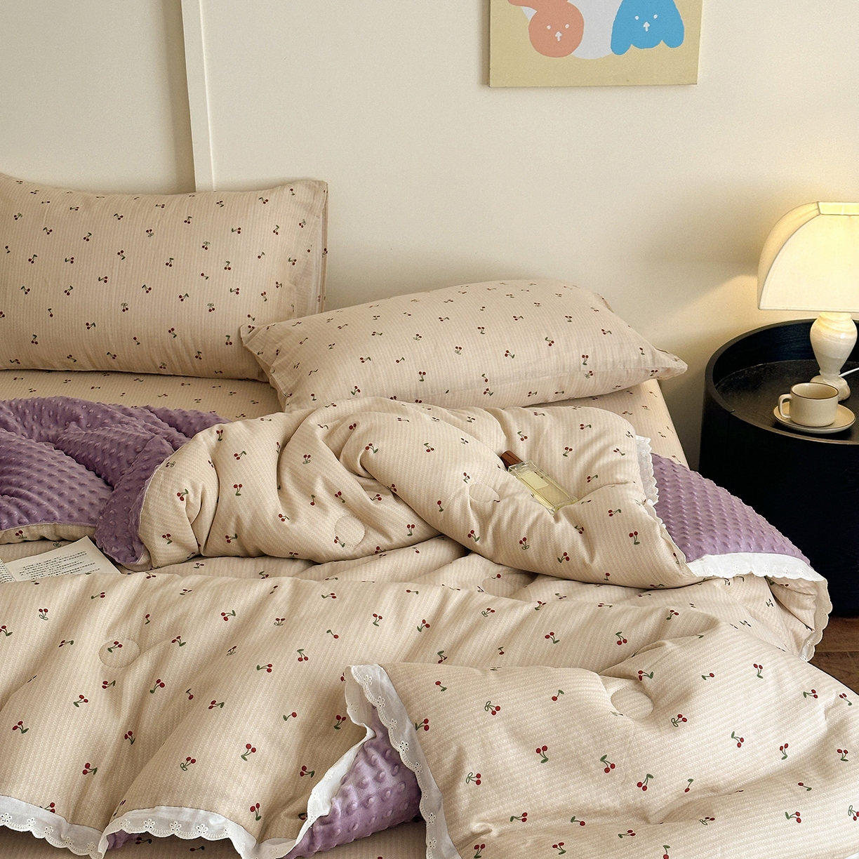 星期八 2025新款全棉双层纱花边豆豆被四件套 小樱桃