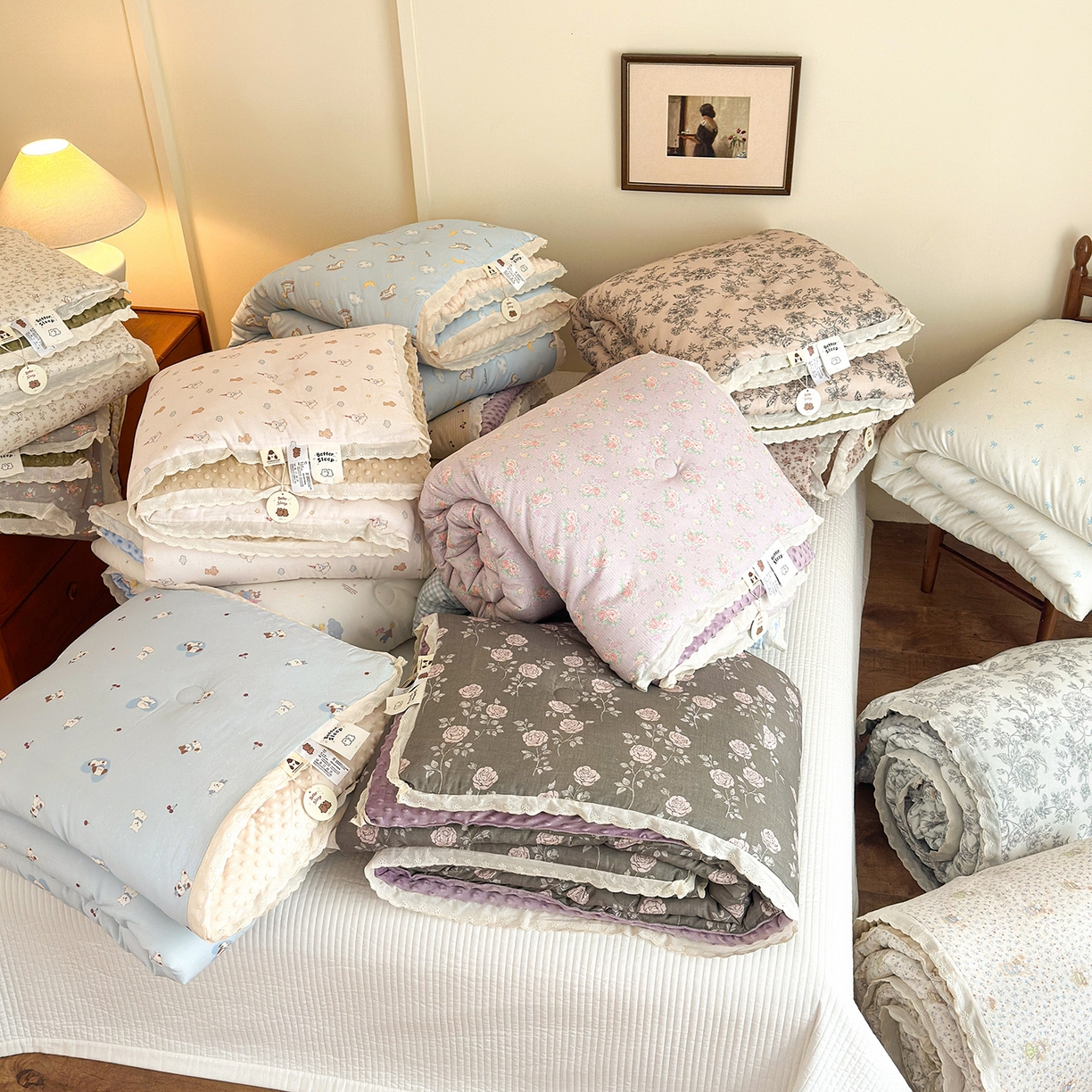 91家纺网 家纺一手货源 找家纺 星期八 2025新款全棉双层纱花边豆豆被四件套 组合