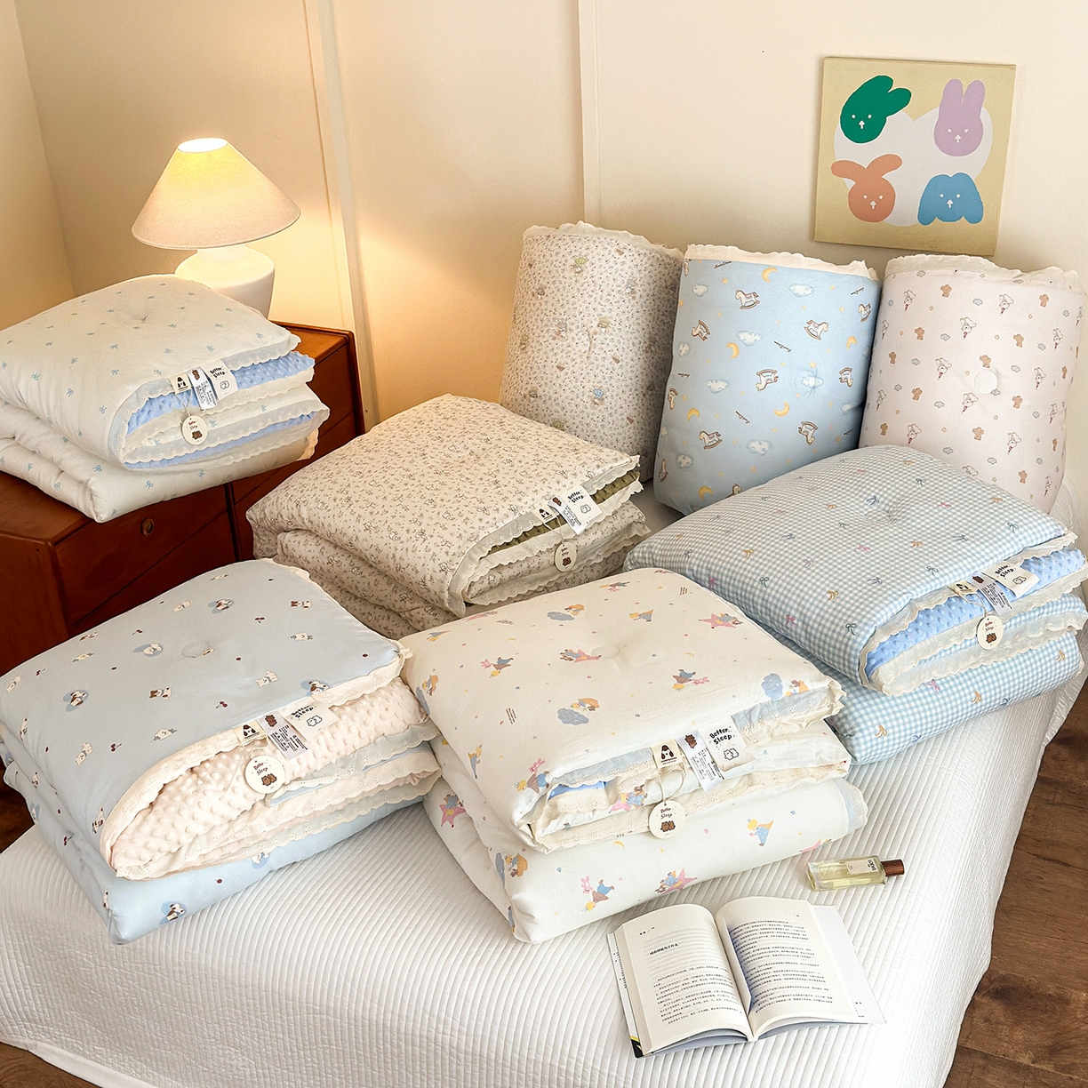 91家纺网 家纺一手货源 找家纺 星期八 2025新款全棉双层纱花边豆豆被四件套 组合