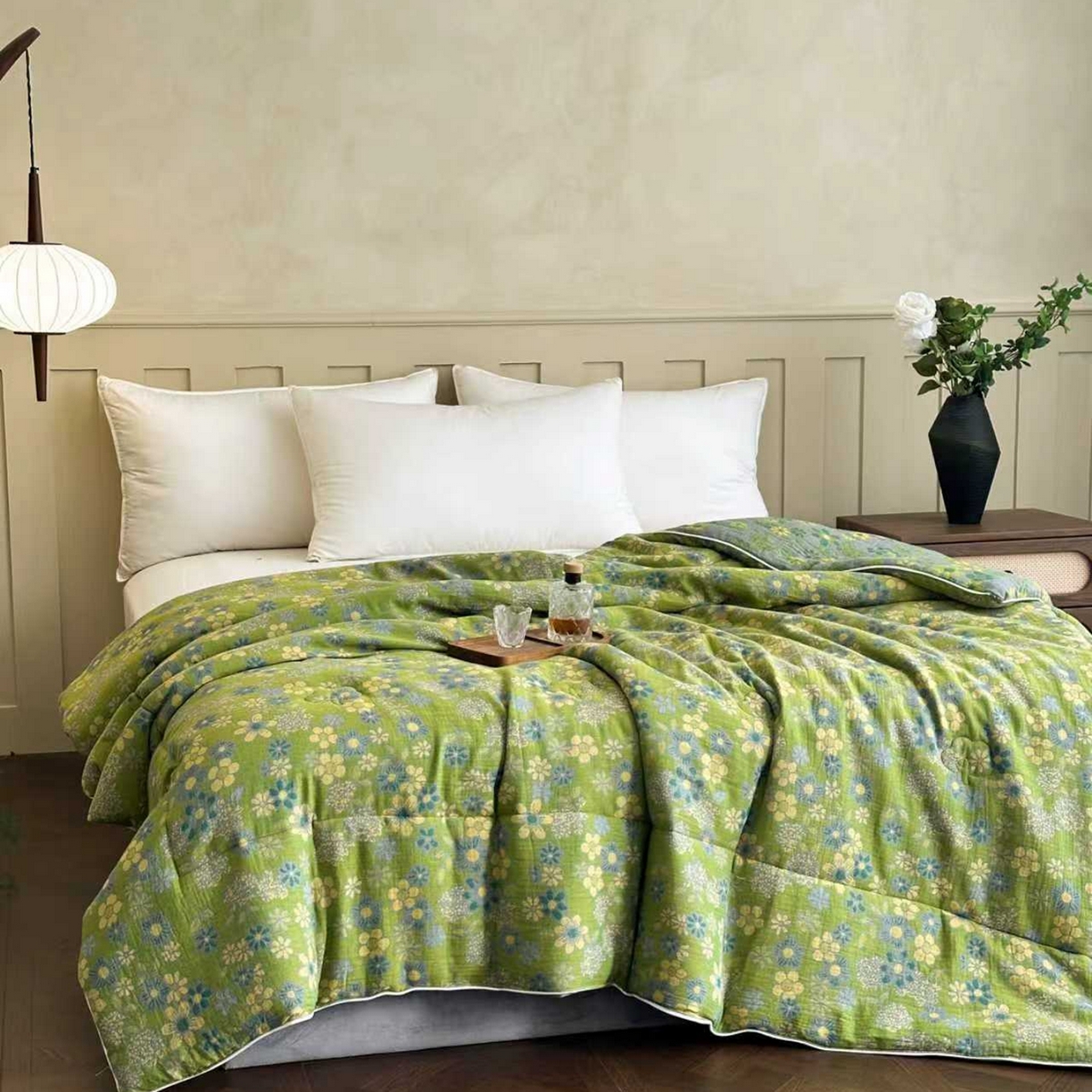 91家纺网 家纺一手货源 找家纺 睡棉坊 2025新款全棉色织提花双层纱春秋被芯冬被 诗画-绿