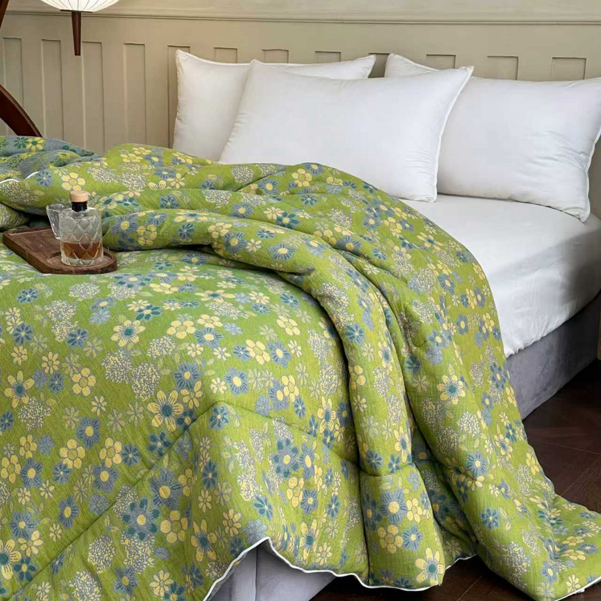 91家纺网 家纺一手货源 找家纺 睡棉坊 2025新款全棉色织提花双层纱春秋被芯冬被 诗画-绿