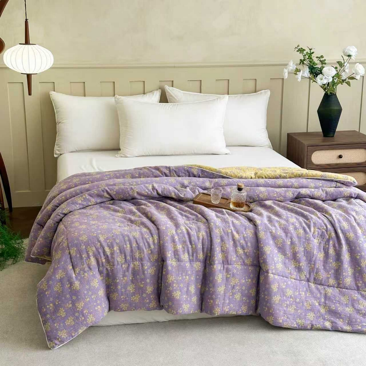 91家纺网 家纺一手货源 找家纺 睡棉坊 2025新款全棉色织提花双层纱春秋被芯冬被 诗画-紫